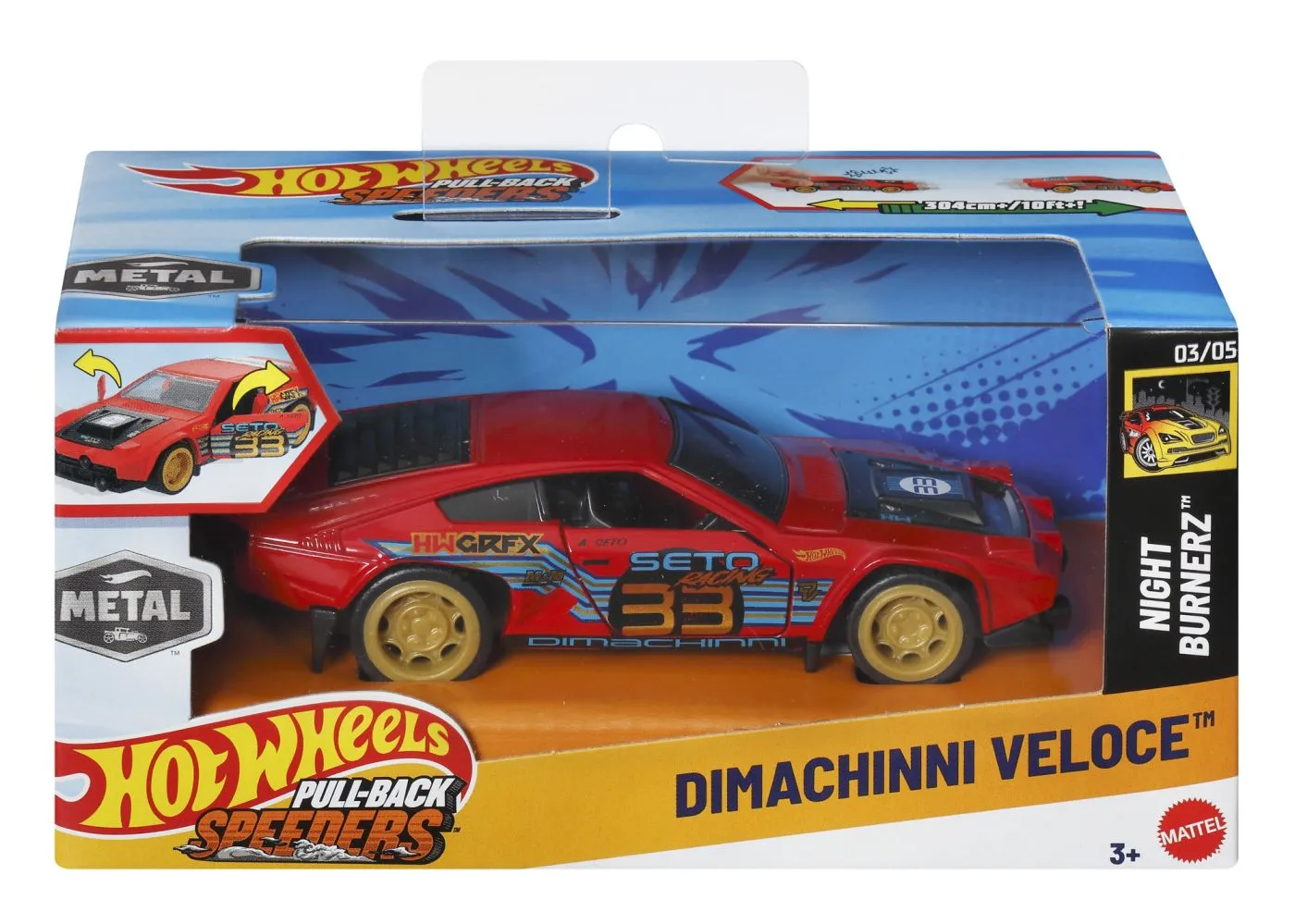 HOT WHEELS MASINUTA METALICA CU SISTEM PULL BACK DIMACHINNI VELOCE NIGHT BURNERZ SCARA 1:43