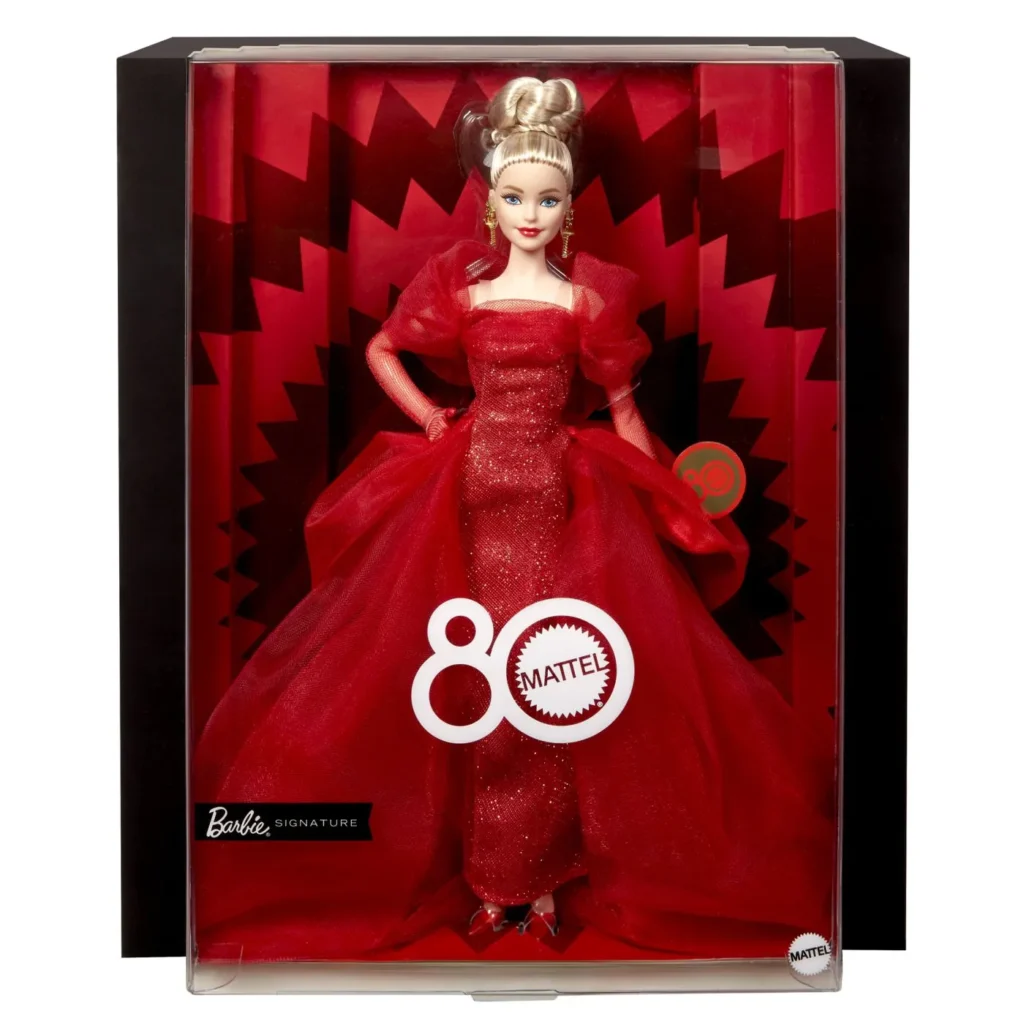 BARBIE SIGNATURE ANIVERSARE 80 DE ANI PAPUSA BARBIE BLONDA CU ROCHIE DE BAL ROSIE