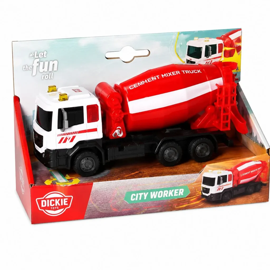 DICKIE TOYS CITY WORKER VEHICUL DE CONSTRUCTII CU LUMINI SI SUNETE BETONIERA ROSIE 17CM