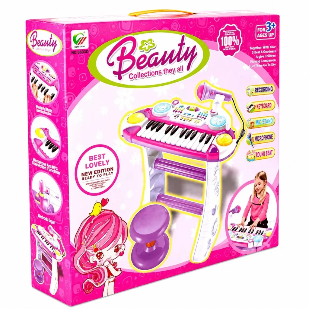 INSTRUMENT MUZICAL PIANINA ELECTRONICA MALPLAY CU SCAUN SI MICROFON 45 CM INALTIME ROZ