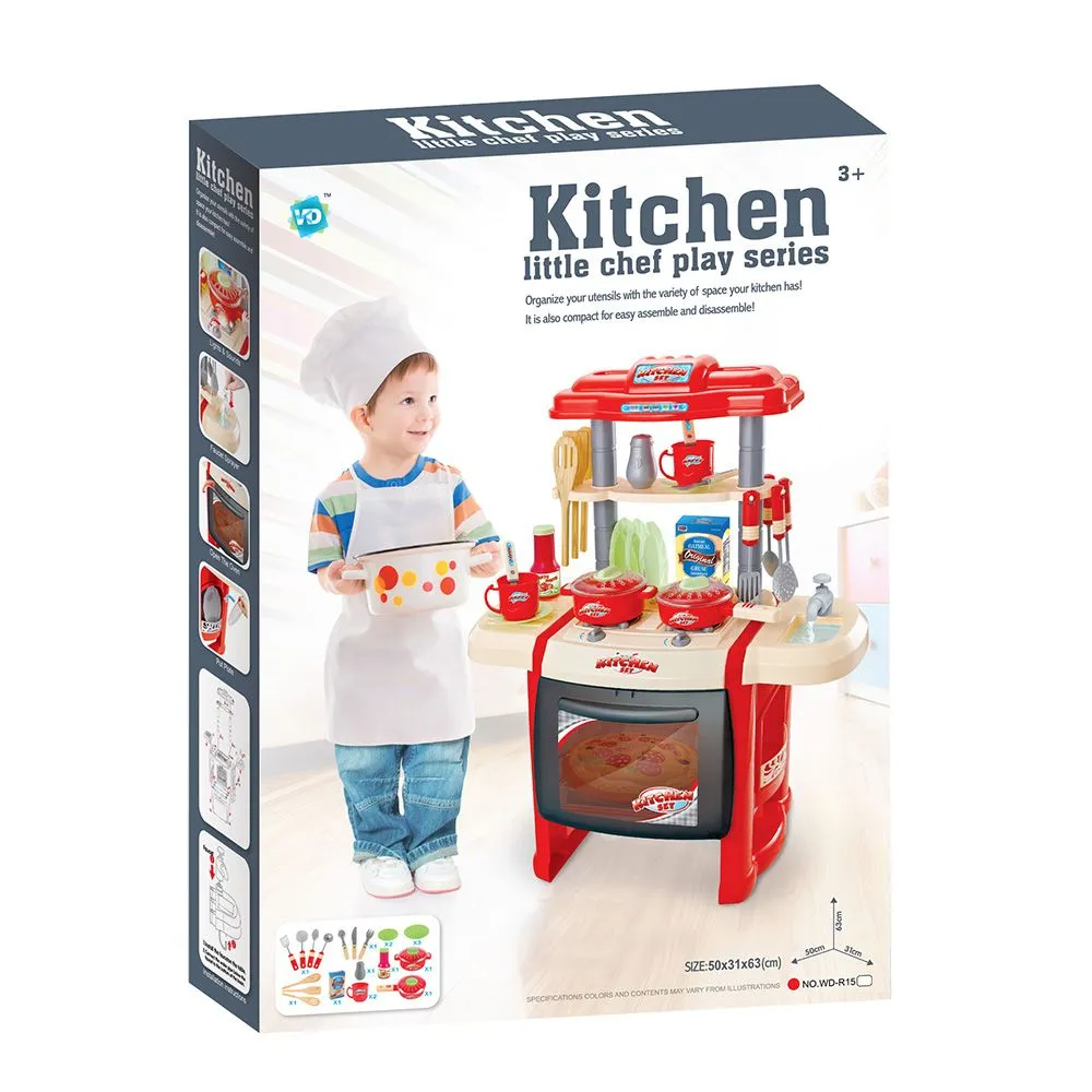 SET DE JOACA MALPLAY BUCATARIE PENTRU COPII CU ACCESORII SI CUPTOR ROSU 65 CM