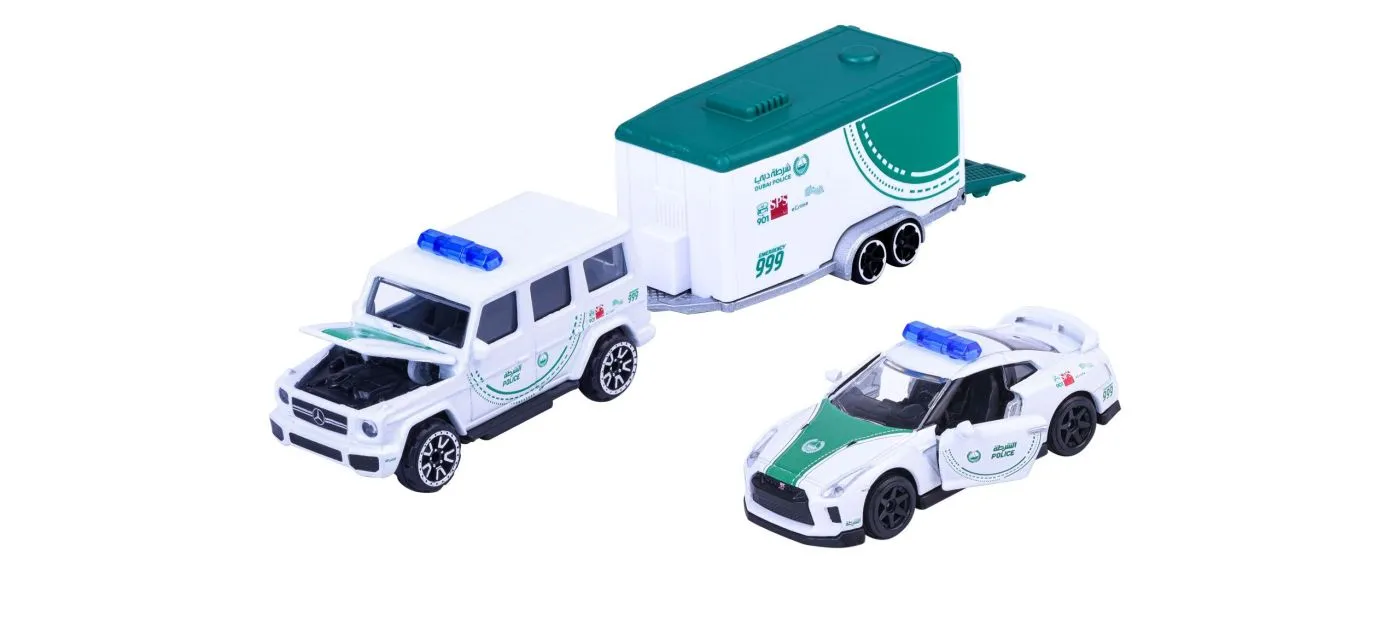 MAJORETTE SET REMORCA DE POLITIE DUBAI DELUXE MERCEDES AMG G63 SI MASINUTA NISSAN GT-R R35 - imagine 2