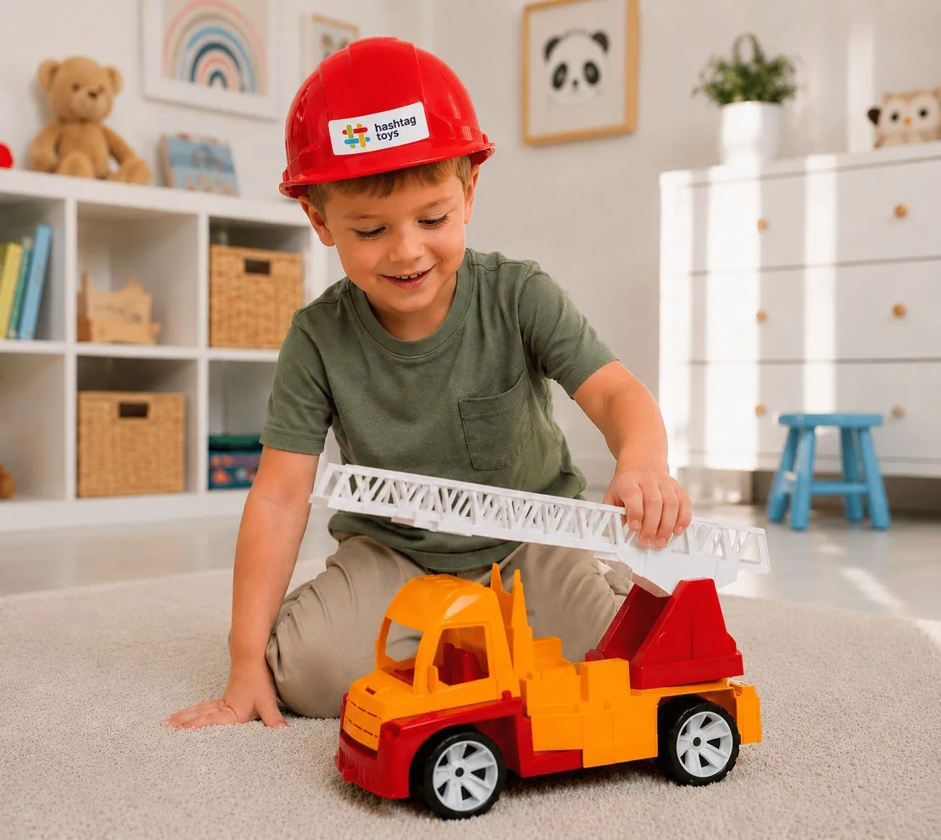 AUTOSPECIALA POMPIERI CU SCARA SI CASCA PORTOCALIU ROSU 54CM - imagine 3