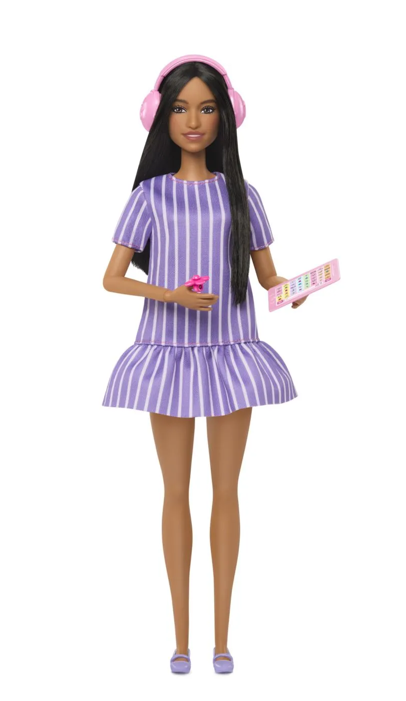BARBIE PAPUSA BARBIE FASHIONISTAS BRUNETA CU ROCHIE MOV DUNGATA CU AUTISM - imagine 4