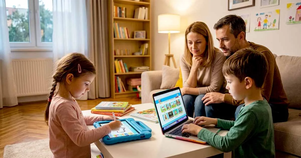 Laptop și tabletă pe birou pentru activitățile educative ale copiilor